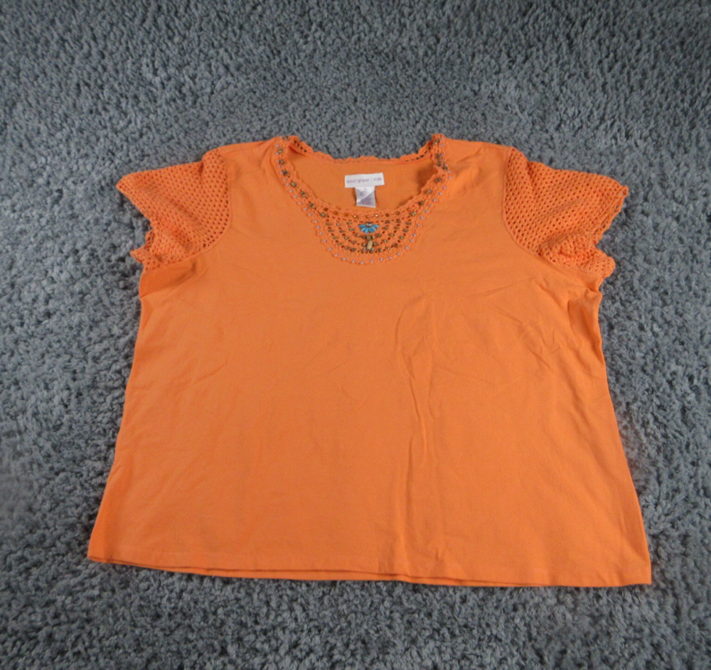 Susan Graver Shirt Womens 3X Orange Cap Sleeve Crochet Embellished Pullover